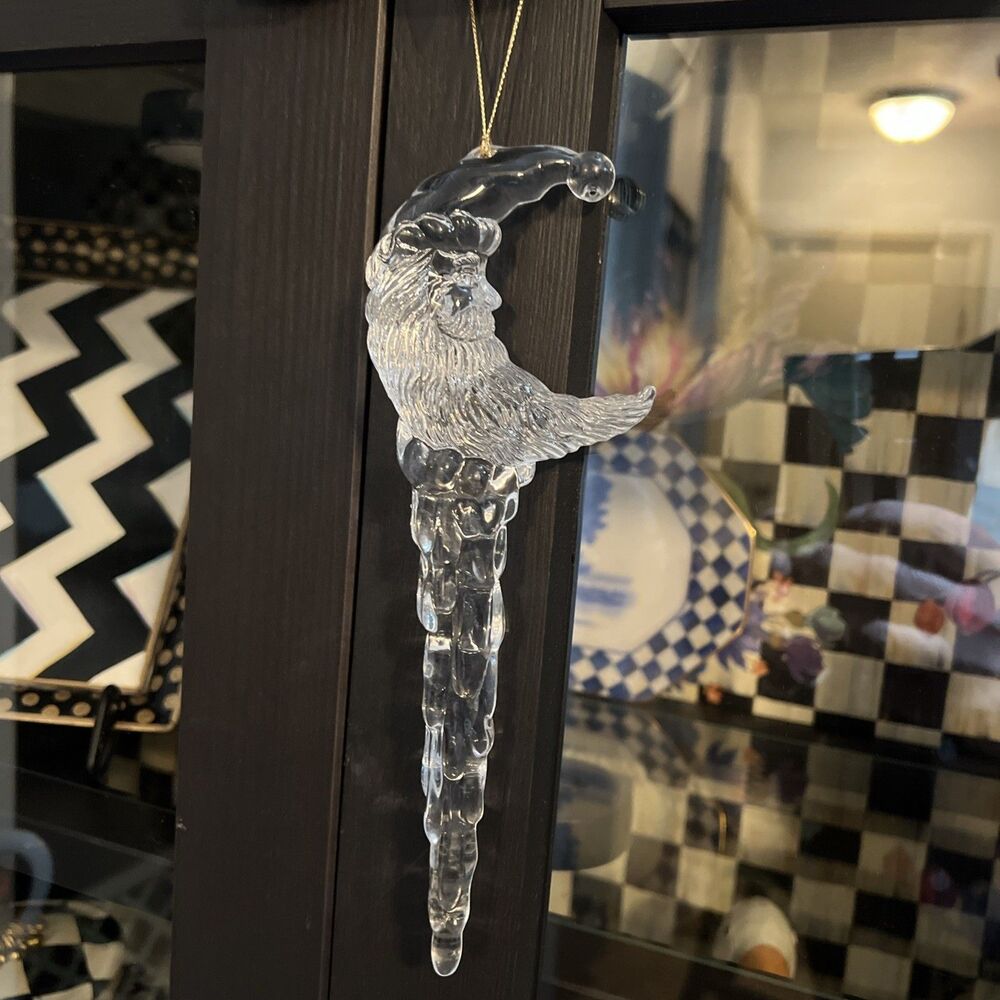 Vintage Clear Acrylic Icicle Christmas Ornament Santa Claus Crescent Moon